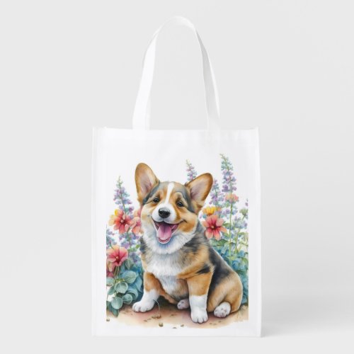 Watercolor Flowers and Corgi Puppy Grocery Bag