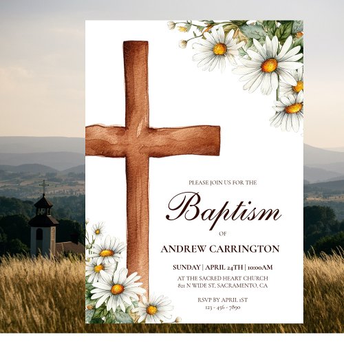 Watercolor Flowers and Cross Baptism Invitation