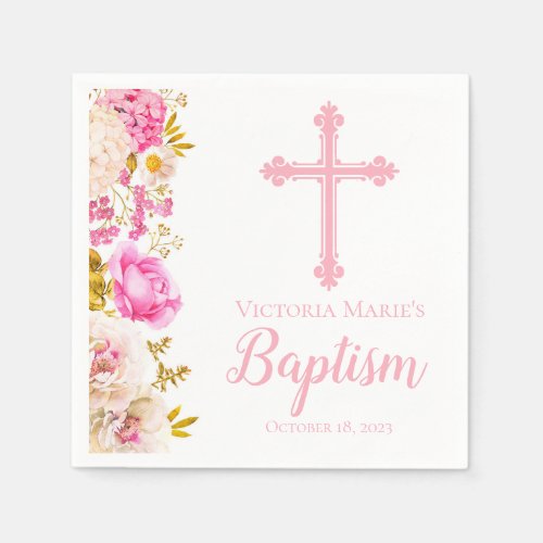 Watercolor Flowers and Cross Baptism Napkin