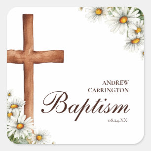 Watercolor Flowers and Cross Baptism Square Sticker