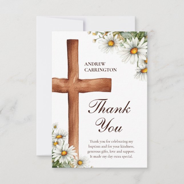 Watercolor Flowers and Cross Baptism Thank You Card (Front)