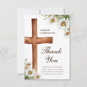 Watercolor Flowers and Cross Baptism Thank You Card