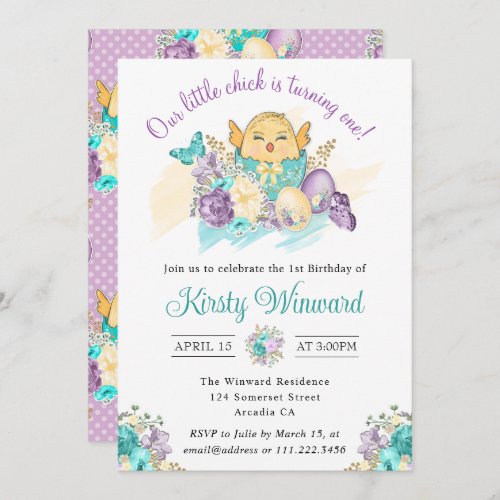 Watercolor Flowers and Cute Chick 1st Birthday Invitation