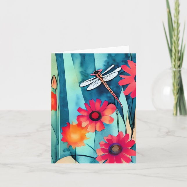 Watercolor flowers and dragonfly customizable card (Front)