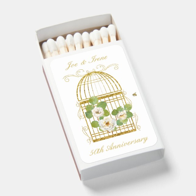 Watercolor Flowers and Elegant Gold Birdcage  Matchboxes (Front Open)