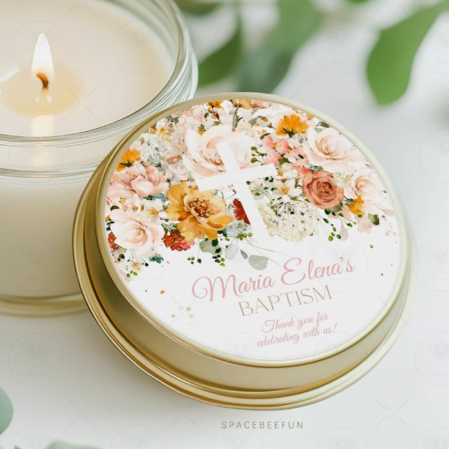 Watercolor Flowers and gold Baptism sticker (watercolor flowers sticker, gold baptism sticker, christening sticker, floral baptism sticker, elega)