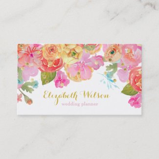 watercolor flowers and gold foil dots business card