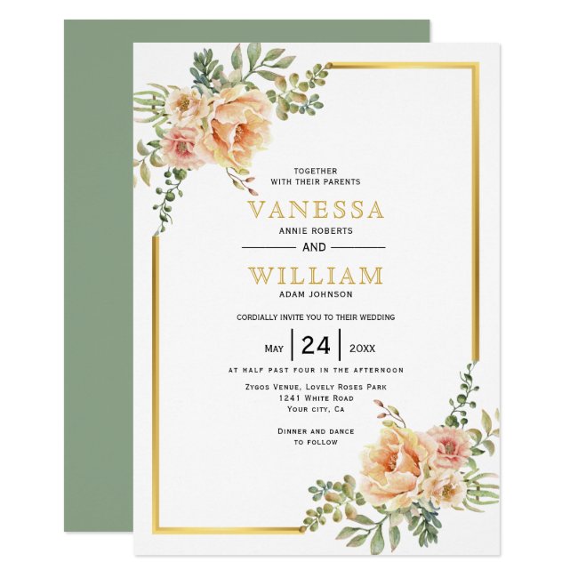 Watercolor flowers and gold frame floral wedding invitation