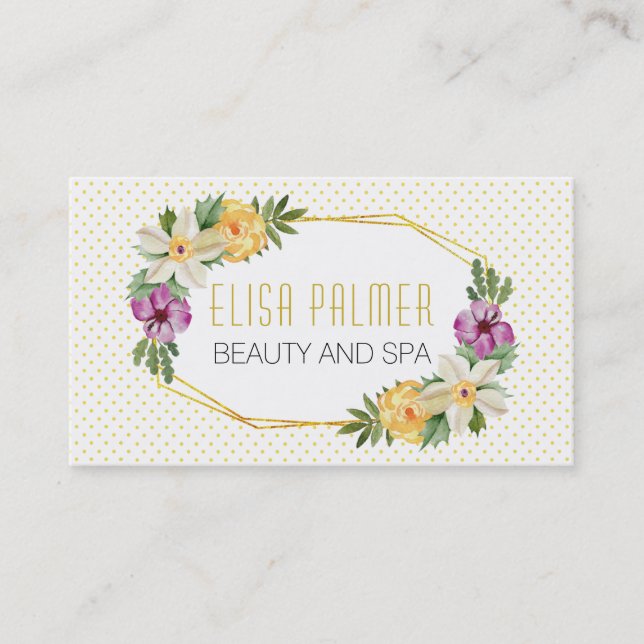 Watercolor flowers and gold polygon floral business card (Front)