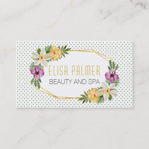 Watercolor flowers and gold polygon floral business card