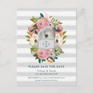 Watercolor Flowers and Gray Stripes Save the Date Announcement Postcard