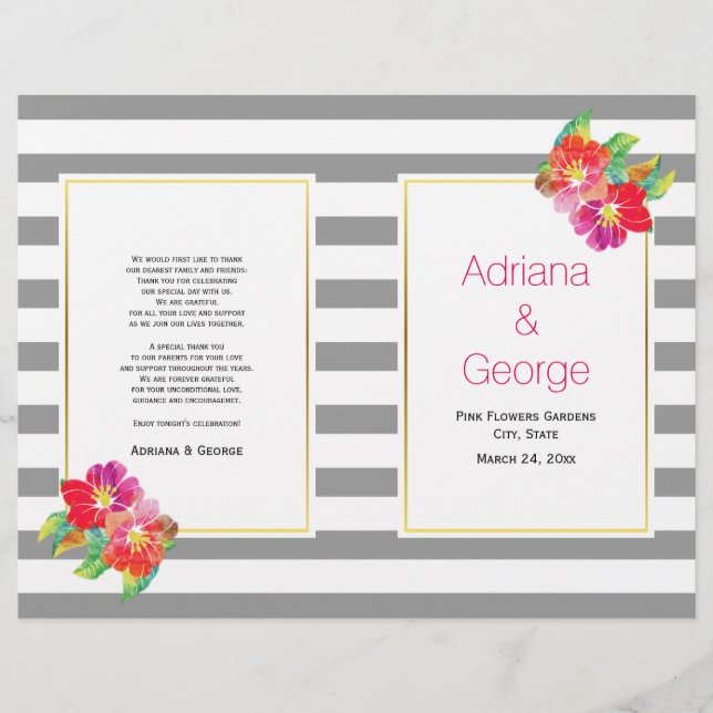 Watercolor flowers and gray, white wedding program (Front)