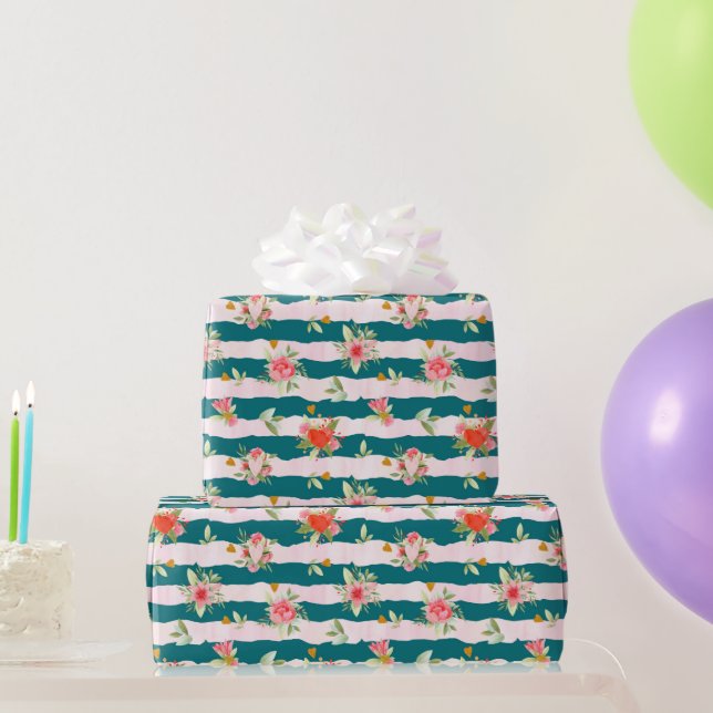 Watercolor Flowers and Hearts  Wrapping Paper (Party Gifts)