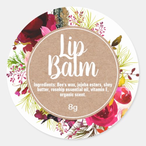 Watercolor flowers And Kraft Lip Balm Pot Lables Classic Round Sticker