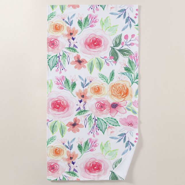 Watercolor flowers and leaves beach towel (Front)