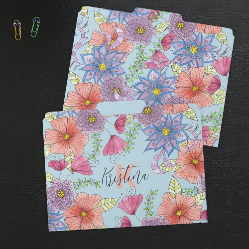 Watercolor Flowers and Leaves Name and Initial File Folder