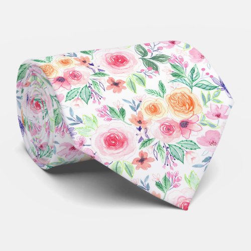 Watercolor flowers and leaves neck tie