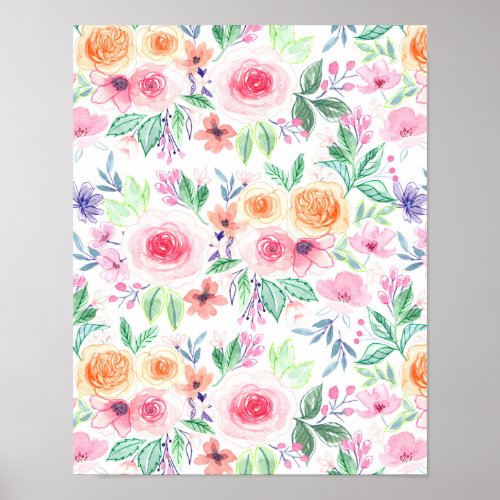 Watercolor flowers and leaves poster