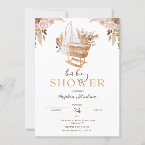 Watercolor Flowers and Pampas Grass Baby Shower Invitation