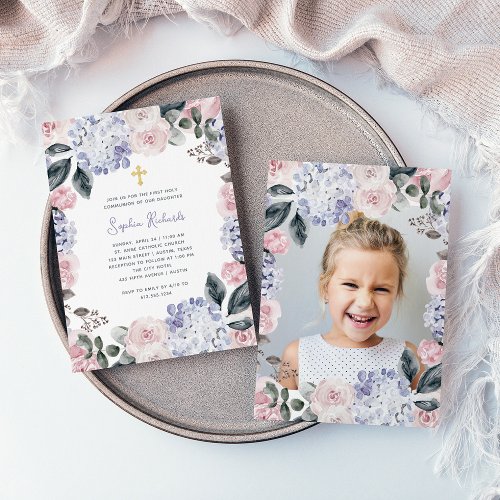 Watercolor Flowers and Photo First Holy Communion Invitation