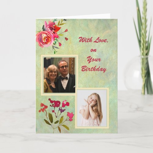 Watercolor Flowers and Photos Elegant Birthday Card