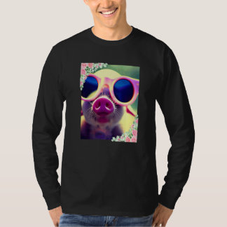 Watercolor flowers and pig wearing sunglasses Cute T-Shirt