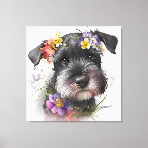 Watercolor Flowers and Schnauzer Puppy  Canvas Print