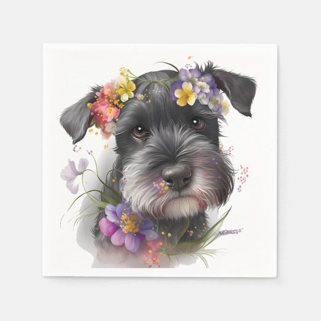 Watercolor Flowers and Schnauzer Puppy Napkins (Front)