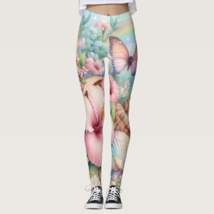 Watercolor Flowers and sea and seashells on beach Leggings