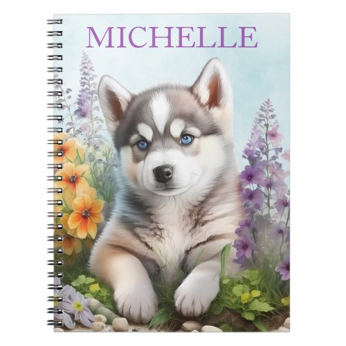 Watercolor Flowers and Siberian Husky Notebook