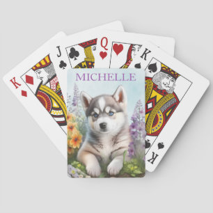 Watercolor Flowers and Siberian Husky Poker Cards