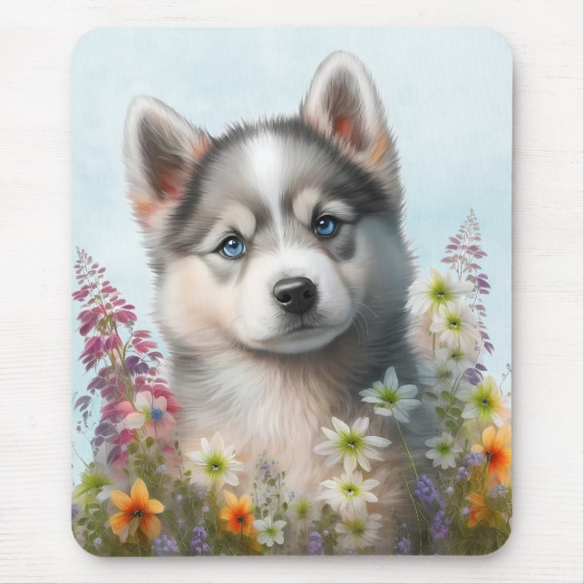 Watercolor Flowers and Siberian Husky Puppy Mouse Pad (Front)
