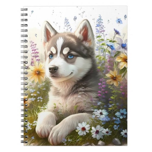 Watercolor Flowers and Siberian Husky Puppy Notebook