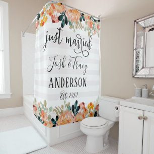 Watercolor Flowers and Striped Just Married Shower Curtain