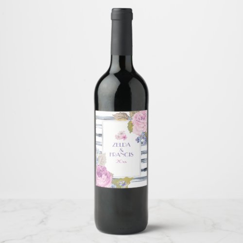 Watercolor Flowers and Stripes Wine Label