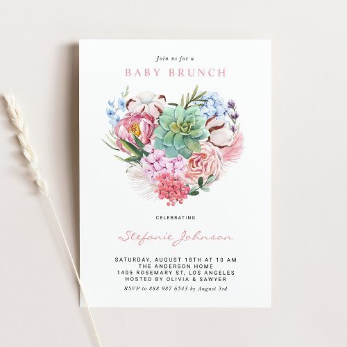 Watercolor Flowers and Succulent Heart Baby Brunch Invitation