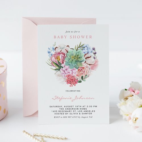 Watercolor Flowers and Succulent Heart Baby Shower Invitation