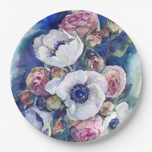Watercolor flowers anemone roses illustration flow paper plates (Front)