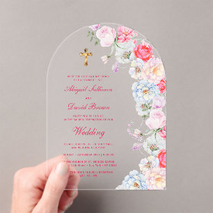Watercolor Flowers Arch Religious Wedding Acrylic Invitations