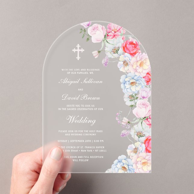 Watercolor Flowers Arch Wedding Acrylic Invitations (Insitu (Handheld))