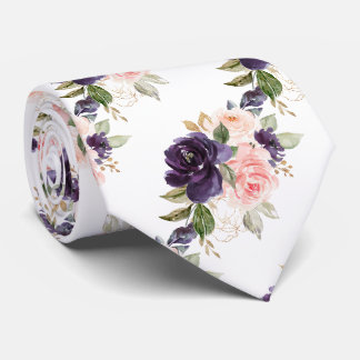 Watercolor Flowers Aubergine Purple Blush Roses Neck Tie