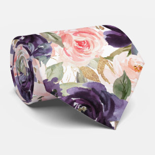 Watercolor Flowers Aubergine Purple Blush Roses Neck Tie