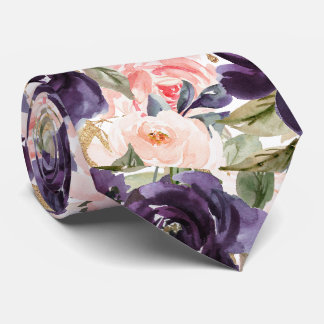 Watercolor Flowers Aubergine Purple Blush Roses Neck Tie
