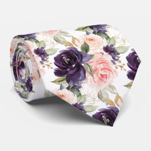 Watercolor Flowers Aubergine Purple Blush Roses Neck Tie