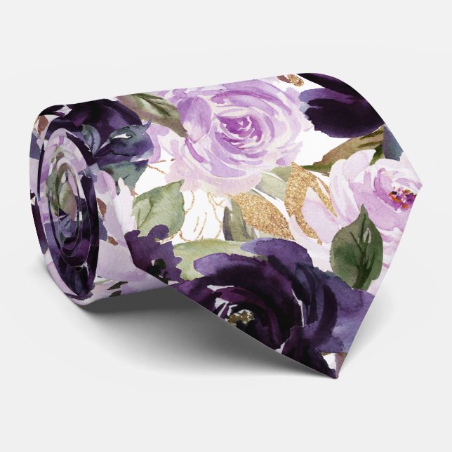 Watercolor Flowers Aubergine Purple Lilac Roses   Neck Tie (Rolled)