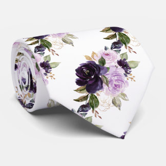 Watercolor Flowers Aubergine Purple Lilac Roses Neck Tie
