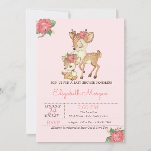 Watercolor Flowers Baby Deers Baby Shower Invitation