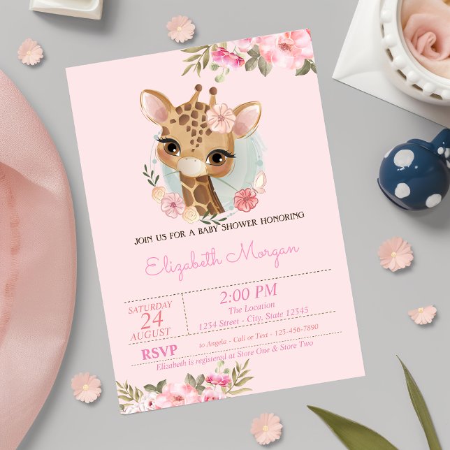 Watercolor Flowers Baby Giraffe Baby Shower Invitation (Creator Uploaded)