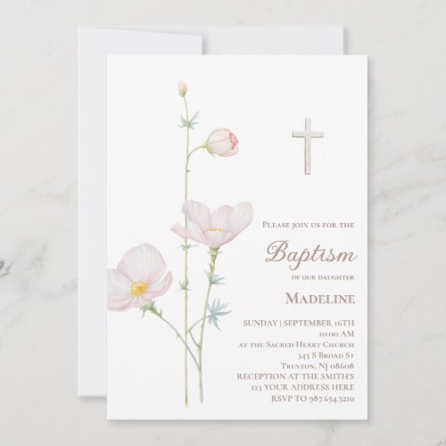 watercolor flowers baby girl Baptism  Invitation