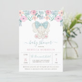 Watercolor Flowers Baby Girl Elephant Baby Shower Invitation (Standing Front)